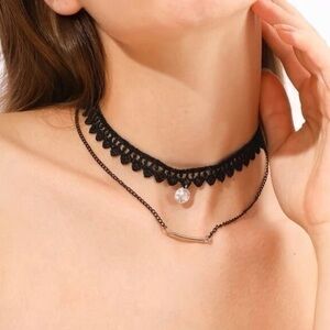 Trendy Black Lace Choker Necklace Set – Layered Look w/ Crystal Pendant